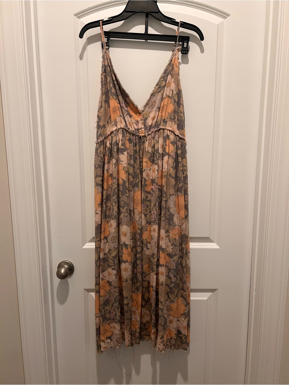 Floral Maxi Slip Dress with Spaghetti Straps - Tan & Peach